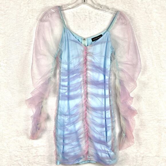 Honeybum Womens S Mermaid Rainbow Iridescent Sheer Bodycon Mini Dress Fairy Y2K - Picture 1 of 13